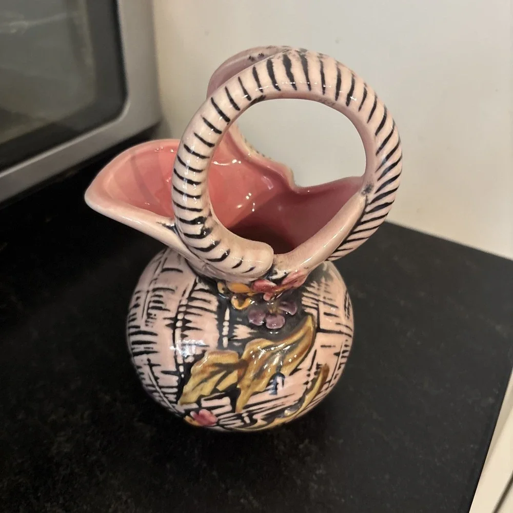 Vintage Hull Art Pottery Jug Pitcher Blossom Flite T1 Pink Black Floral 1955